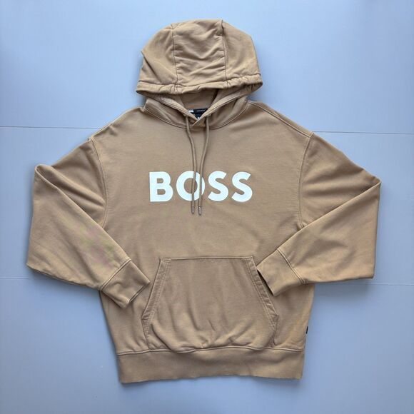 HUGO BOSS Sullivan Hoodie Men Large Heavyweight Cotton Terry Oversize Fit Tan - Picture 2 of 11